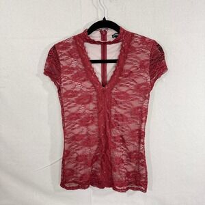 Express Womens Burgundy Lace Choker Neck V-Cutout Short Sleeve Top Size S